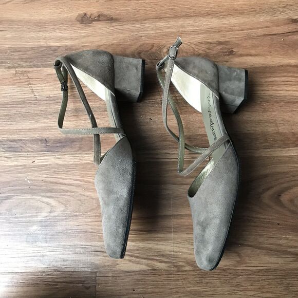 Yves Saint Laurent 7 M Taupe Suede Pumps Crisscross Straps Low Heel Italy YSL - Picture 4 of 8
